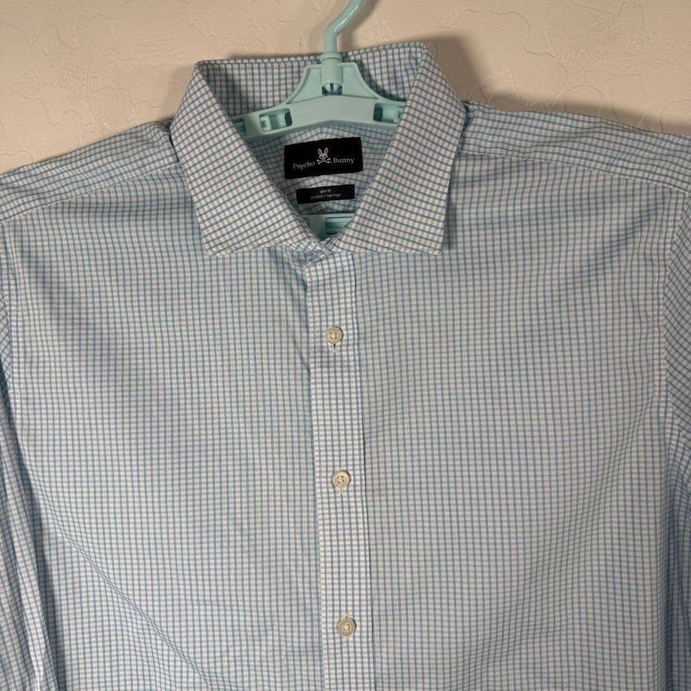Psycho Bunny Shirt Mens 16.5 34/35 Blue Gingham Slim Fit Stretch Non Iron